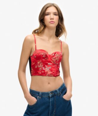 Haut corset en satin brodé de fleurs