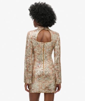 Mini-robe à manches longues imprimée et pailletée