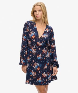 Mini-robe portefeuille à manches longues et col en V