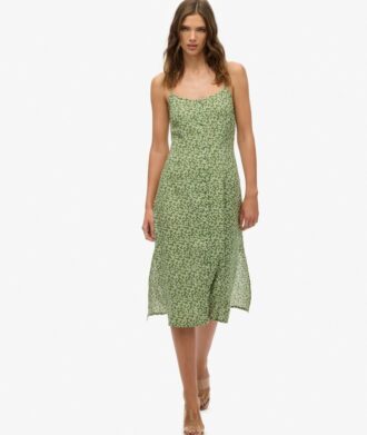 Robe midi à bretelles imprimée et boutonnée