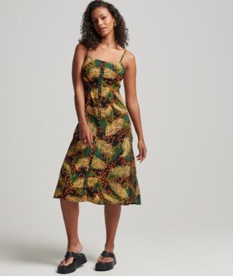 Robe midi à bretelles imprimée et boutonnée