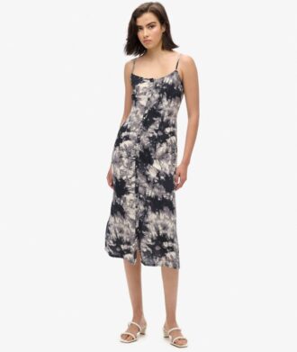 Robe midi à bretelles imprimée et boutonnée