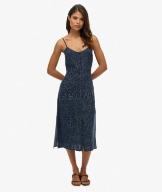 Robe midi à bretelles imprimée et boutonnée