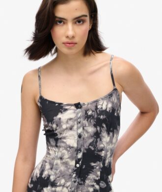 Robe midi à bretelles imprimée et boutonnée