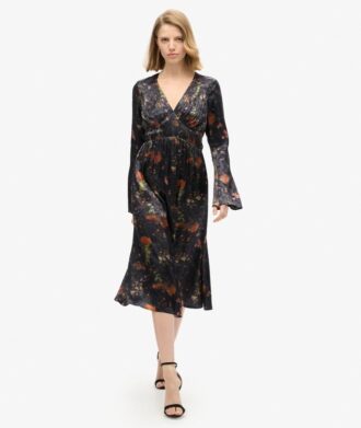 Robe midi en jacquard à manches évasées