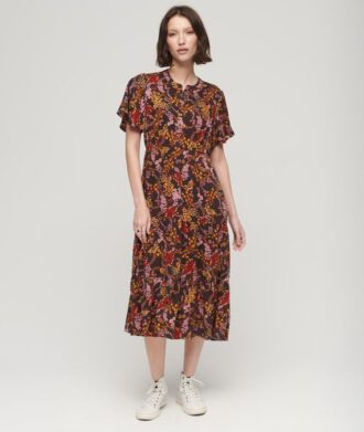 Robe midi à volants et manches courtes imprimée