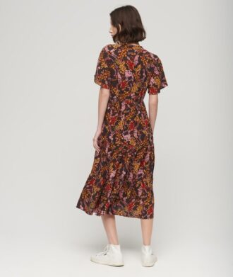 Robe midi à volants et manches courtes imprimée