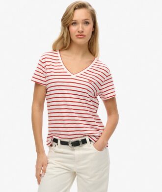T-shirt à col en V brodé et effet flammé