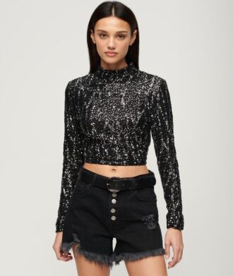 Top court à manches longues et paillettes