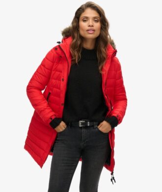 Veste Puffer mi-longue à capuche en fausse fourrure