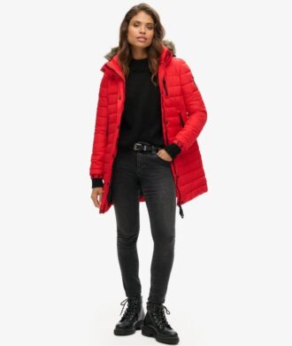 Veste Puffer mi-longue à capuche en fausse fourrure